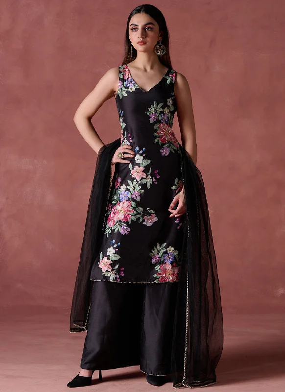 Black Multicolor Floral Printed Palazzo Suit