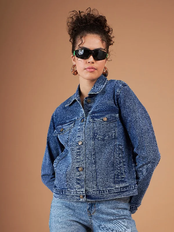 Women Navy Washed Denim Regular Jacket