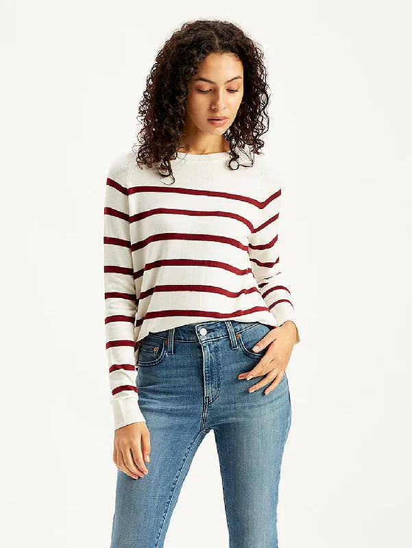 Women's Striped White Crew Neck Sweater