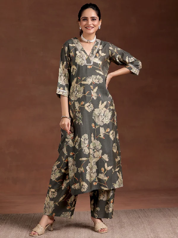 Grey Printed Silk Blend Straight Kurta Set