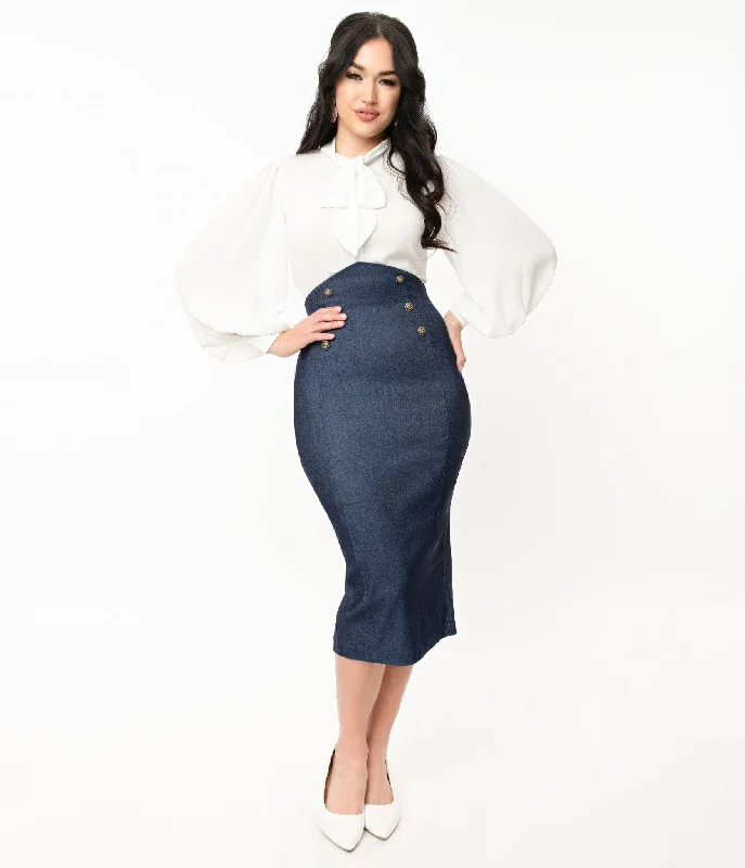 Unique Vintage Denim Blue Sailor High Waist Sierra Pencil Skirt