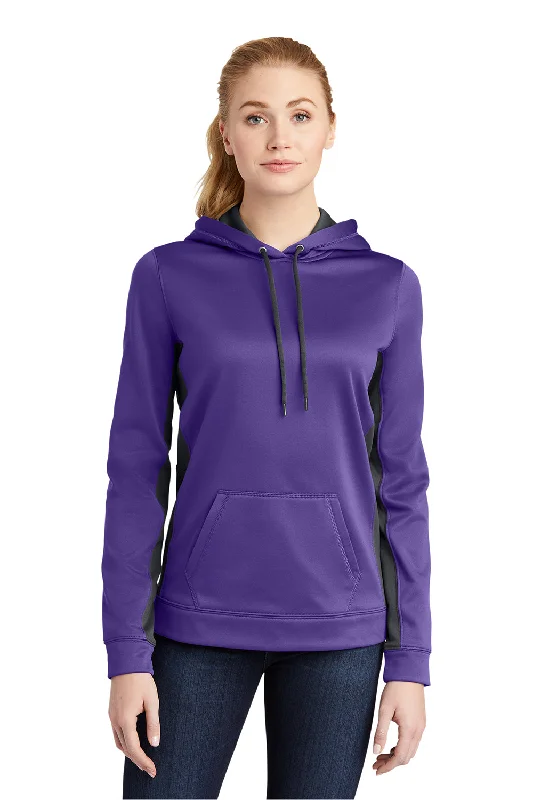 Sport-Tek Womens Sport-Wick Moisture Wicking Fleece Hooded Sweatshirt Hoodie w/ Pouch Pocket - Purple/Dark Smoke Grey - Closeout