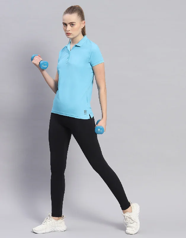 Women Blue Solid Polo Collar Half Sleeve T-Shirt