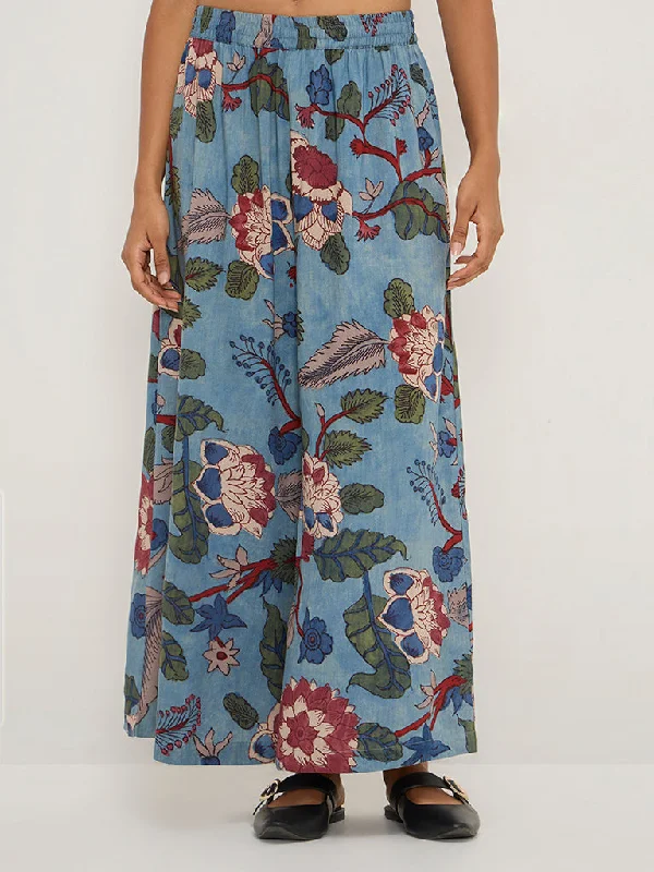 Utsa Blue Floral Printed High-Rise Palazzos