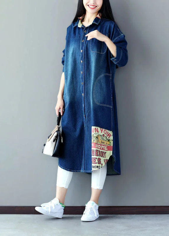 Art Blue Oversized Patchwork Applique Cotton Denim Trench Spring