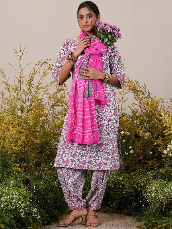 Pink Printed Cotton Straight Suit With Dupatta