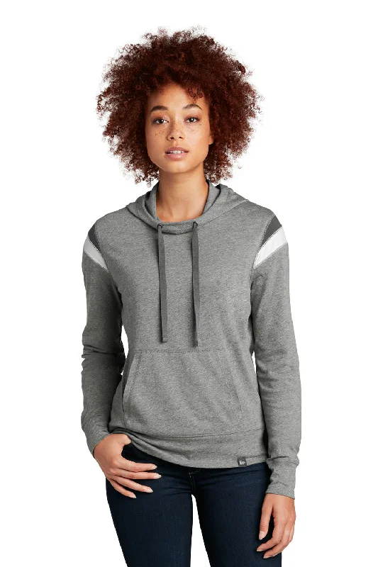 New Era Womens Heritage Varsity Hooded Sweatshirt Hoodie w/ Pouch Pocket - Heather Shadow Grey/Graphite Grey/White - Closeout