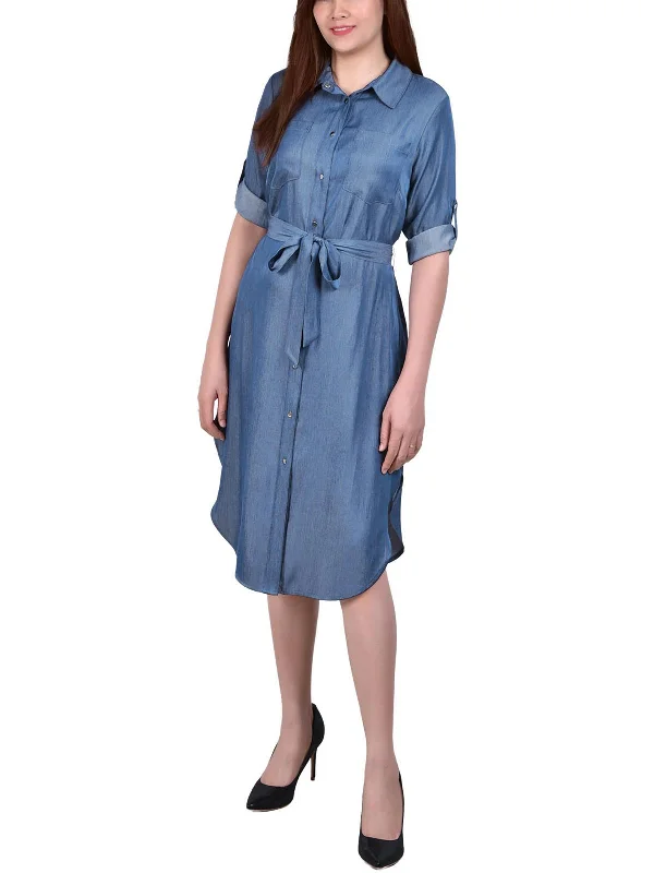 Petites Womens Denim Roll Sleeves Shirtdress