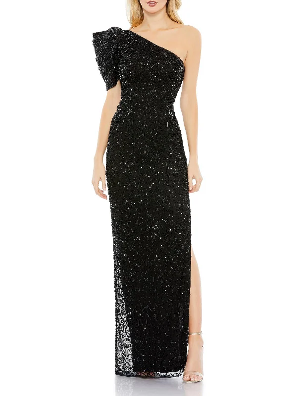 Womens Embellished One Shoulder Evening Dress