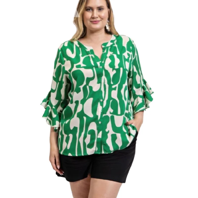 Geometric print ruffled bell sleeve woven top